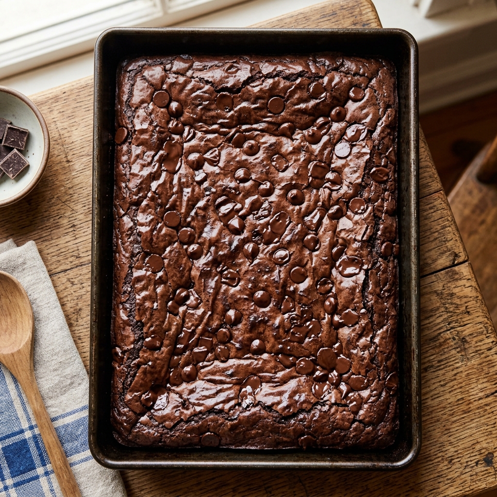 Bandeja de brownie artesanal húmedo con chispas de chocolate horneado