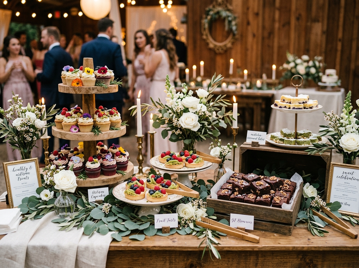 Mesa de catering dulce y saludable con decoración botánica para eventos