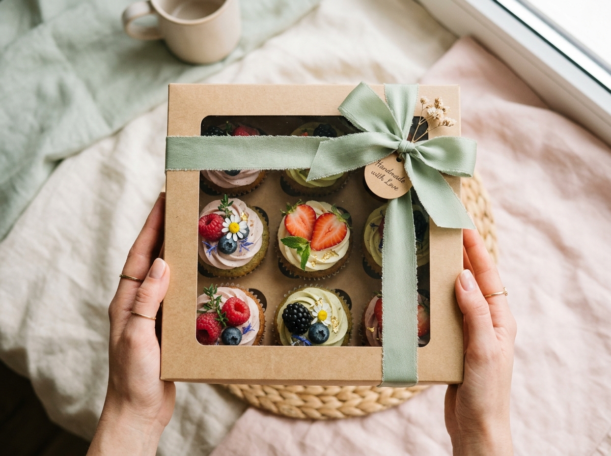 Caja regalo con surtido de repostería artesanal y lazo verde salvia