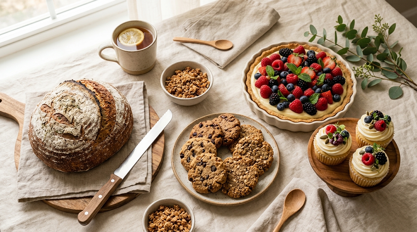 Mesa de repostería artesanal saludable con panes de masa madre, galletas sin gluten, tartaletas de frutos rojos y cupcakes naturales